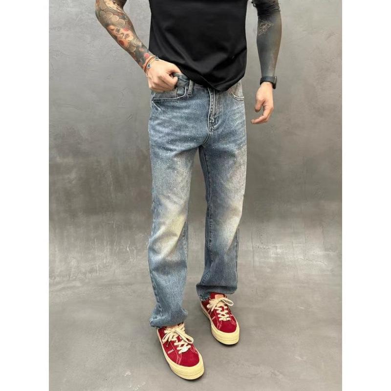 High Street American Casual Straight Jeans Men's Loose Autumn and Winter New Old Hot Diamond High Street Wide Leg Pants