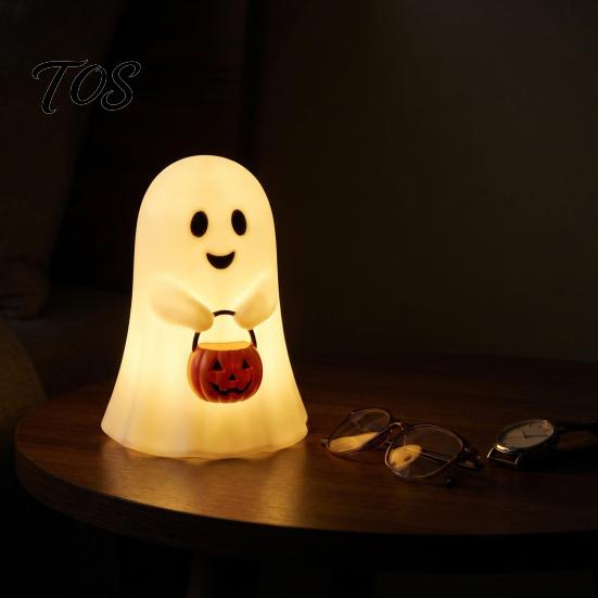 Indoor Outdoor Halloween Accents Cute Ghost Holding Pumpkin Bucket Table Lamp, Spooky Bedside Decorative Figurine for Party Small LED Night