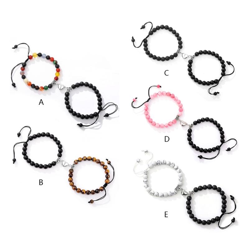 2 Pieces Natural Stone Beads Magnetic Bracelet Couple Connecting Bracelet Valentine's Day Gift for Couple Him and Her