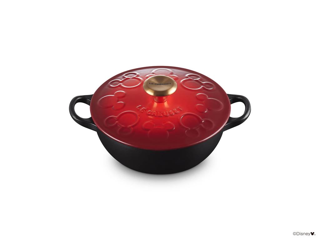 LE CREUSET Disney Mickey Mouse Marmite 18cm Cherry Red with Matte Black and Gold Knobs [Official Japanese Product]
