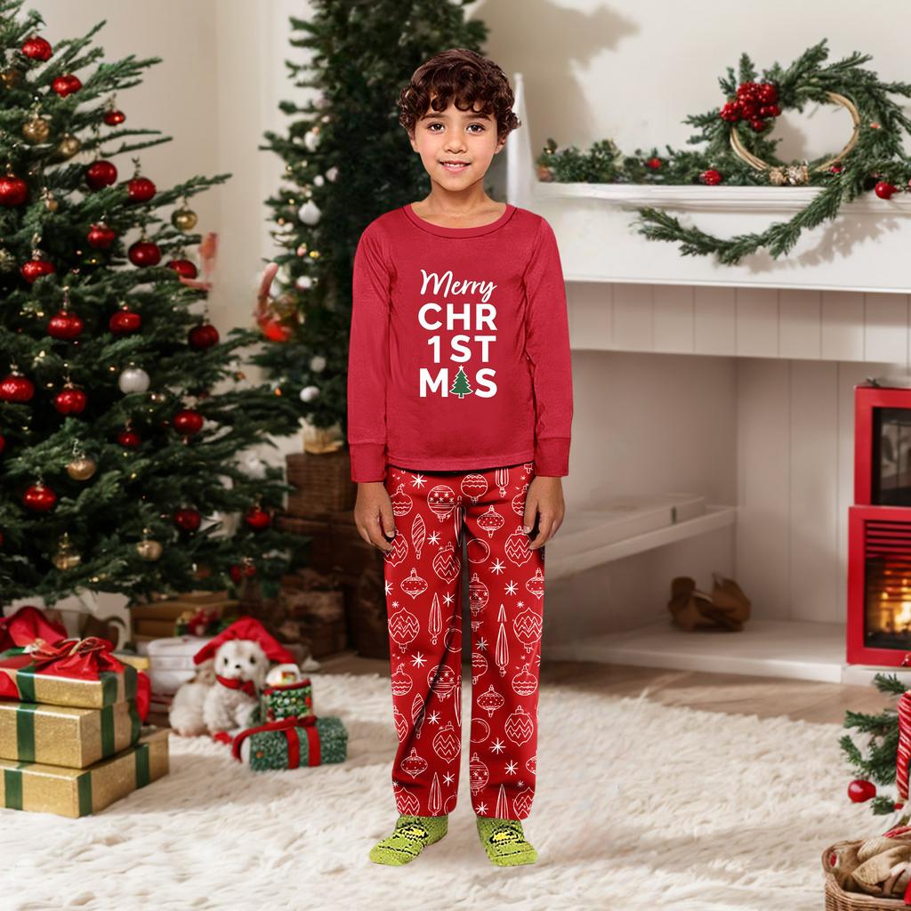 Family Matching Christmas Print Pajama Set, Round Neck Long Sleeve and Long Pants Loungewear for Holiday