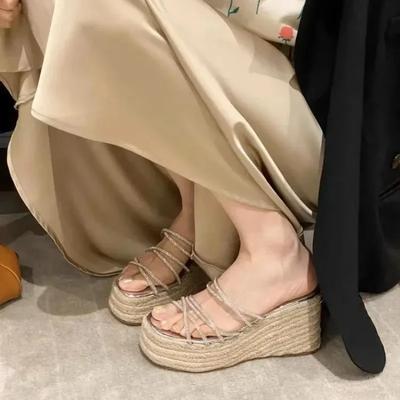 Fashion 2024 Summer Chunky Women Slipper Fashion Elegant Platform Wedges Heel Slides Ladies Gladiator Weave Sole Sandalias Roman Shoes