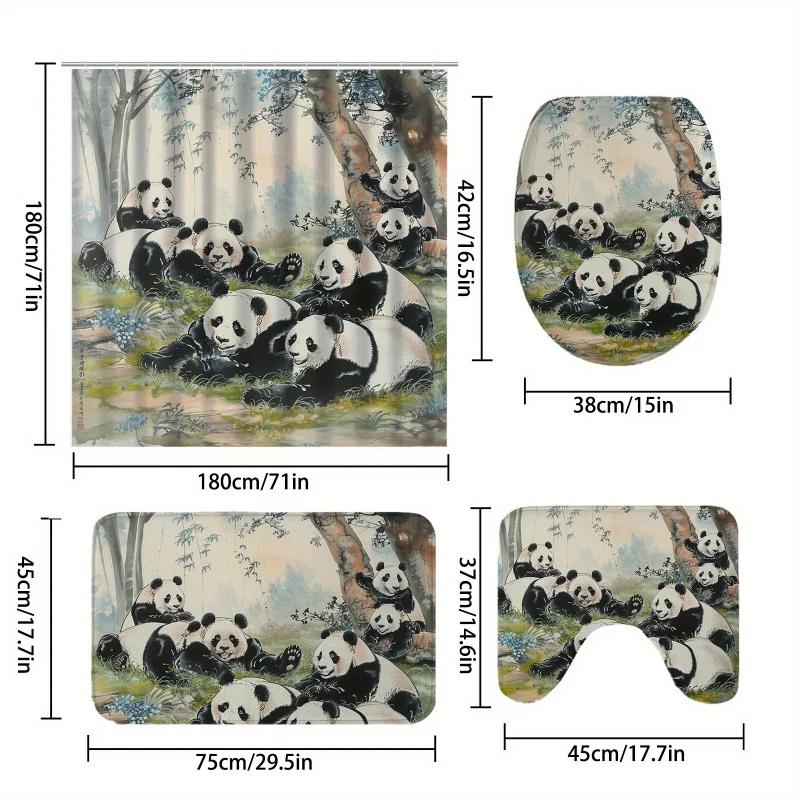 Charming Panda Bathroom Set: 180.34Cm X 180.34Cm Artistic Shower Curtain, Non-Slip Bath Mats, Toilet Seat Cover, And U-Shaped Ru