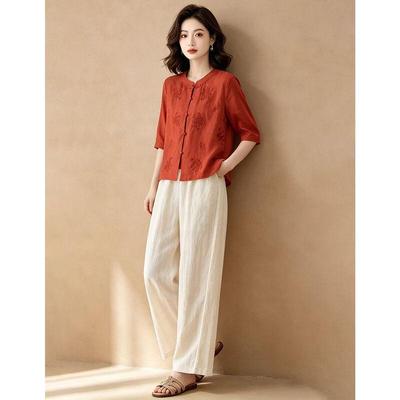 EST+II Elegant Embroidered Cardigan & Wide-Leg Pants Set