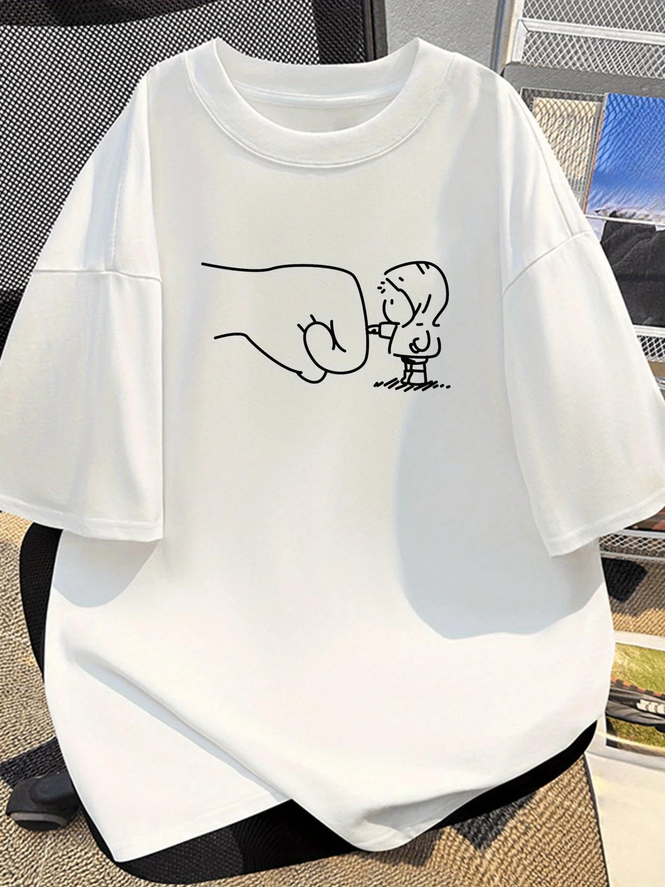 Funny Fist Bump Cartoon Sketch Shirt Men Minimal Streetwear Cotton Oversized Tee S разноцветный