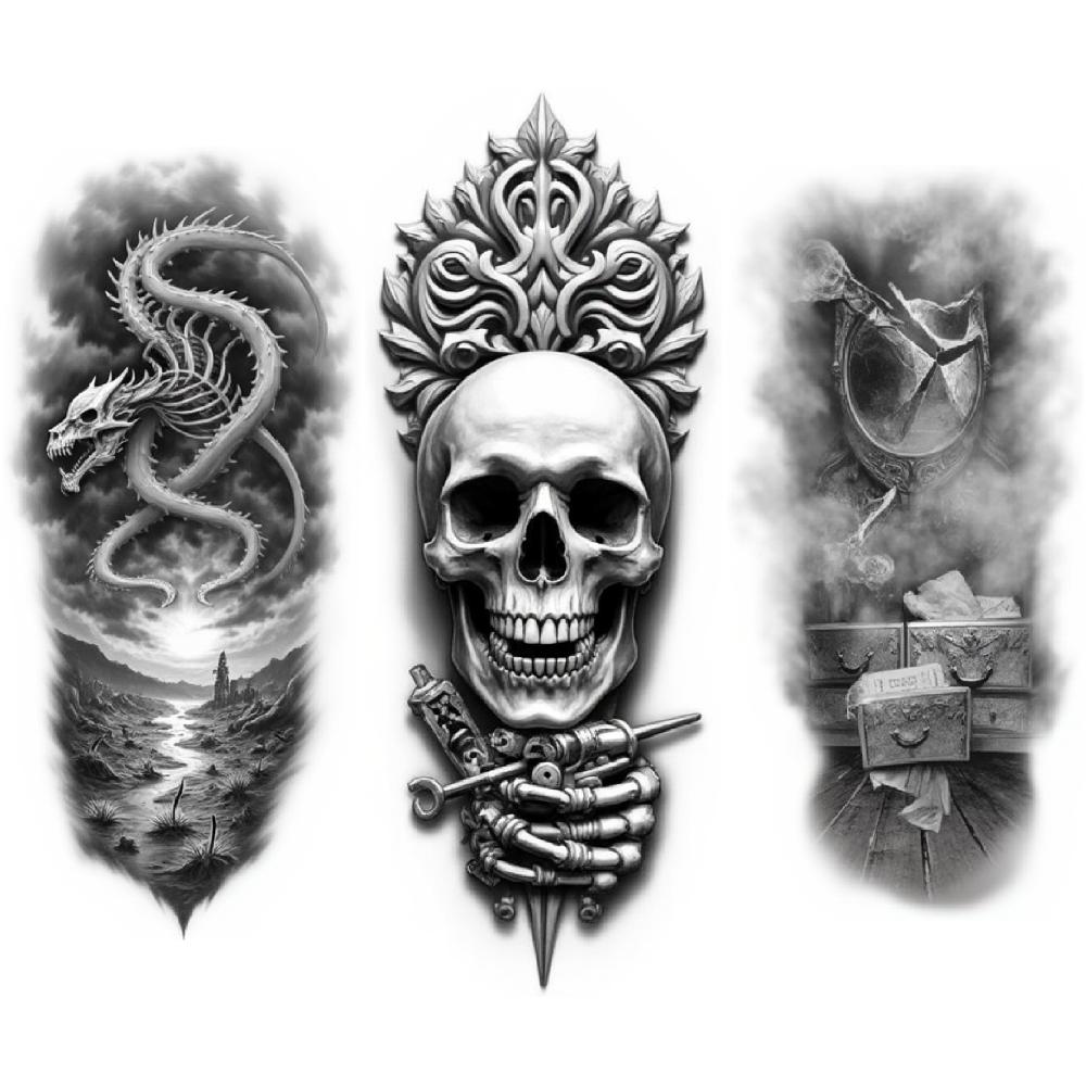 3 Stück Temporäre Tattoos Realistische Temporäre Tattoos Verzierter Totenkopf Totenkopf Tattoo Kapuzen-Skelett Für Erwachsene Männer Oberschenkel