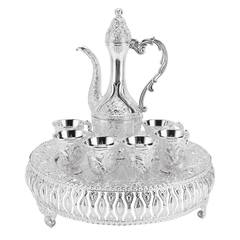 Vintage Wine Pot Set European Retro Coffee Pot Tray Kit Decorative Zinc Alloy Exquisite Carving Wine Cups for Home Party Dinner