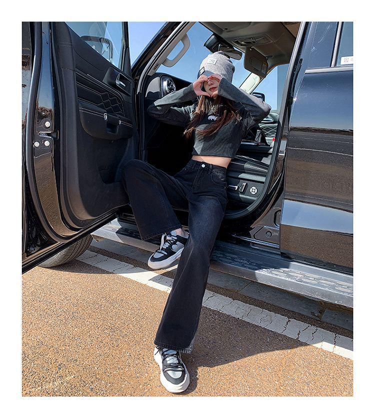 Black-Gray High-Waisted Wide-Leg Jeans for Women - Velvet-Lined, Thick, Loose-Fit, Slimming, Straight-Leg, Floor-Length, Petite, Trendy Pants