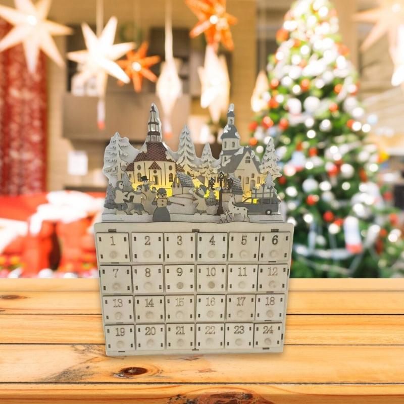 Lighted Wood Advent Calendar with 24 Drawer Countdown to Christmas Decoration Handmade Desktop Ornament Accessories