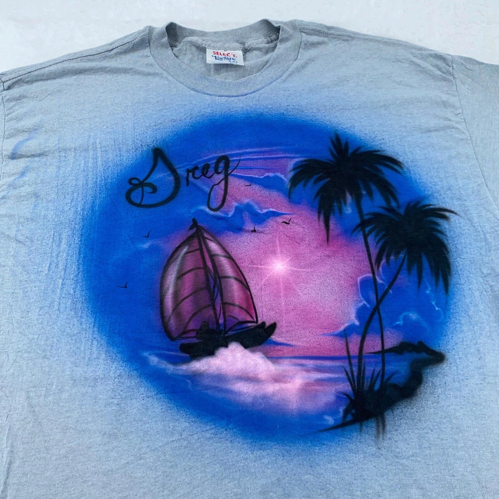 vintage 90s AIRBRUSHED SUNSET BEACH SAILING T-Shirt LARGE surf vacation GREG S