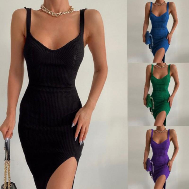 2026 Elegant Solid Color Ribbed Cami Bodycon Midi Dress Women V-Neck Sleeveless Stretch Fit All Season Wear