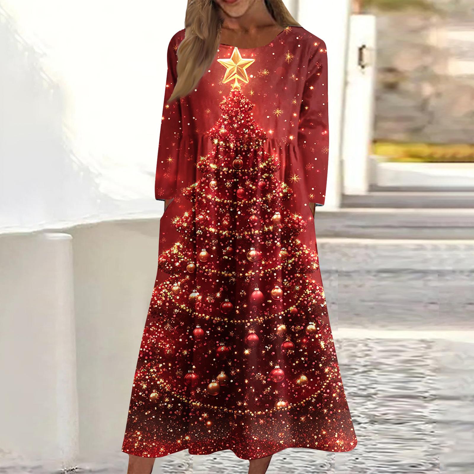 

Женское повседневное миди-платье с круглым вырезом и рождественским принтом, с длинным рукавом и карманом XL