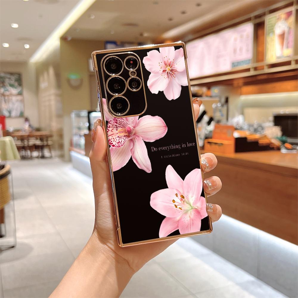 Luxury Plating Phone Case For Samsung Galaxy Note 10 20 Lite S24 S23 S22 S21 S20 Ultra FE Plus 5G Pink Lotus Silicone Soft Cover