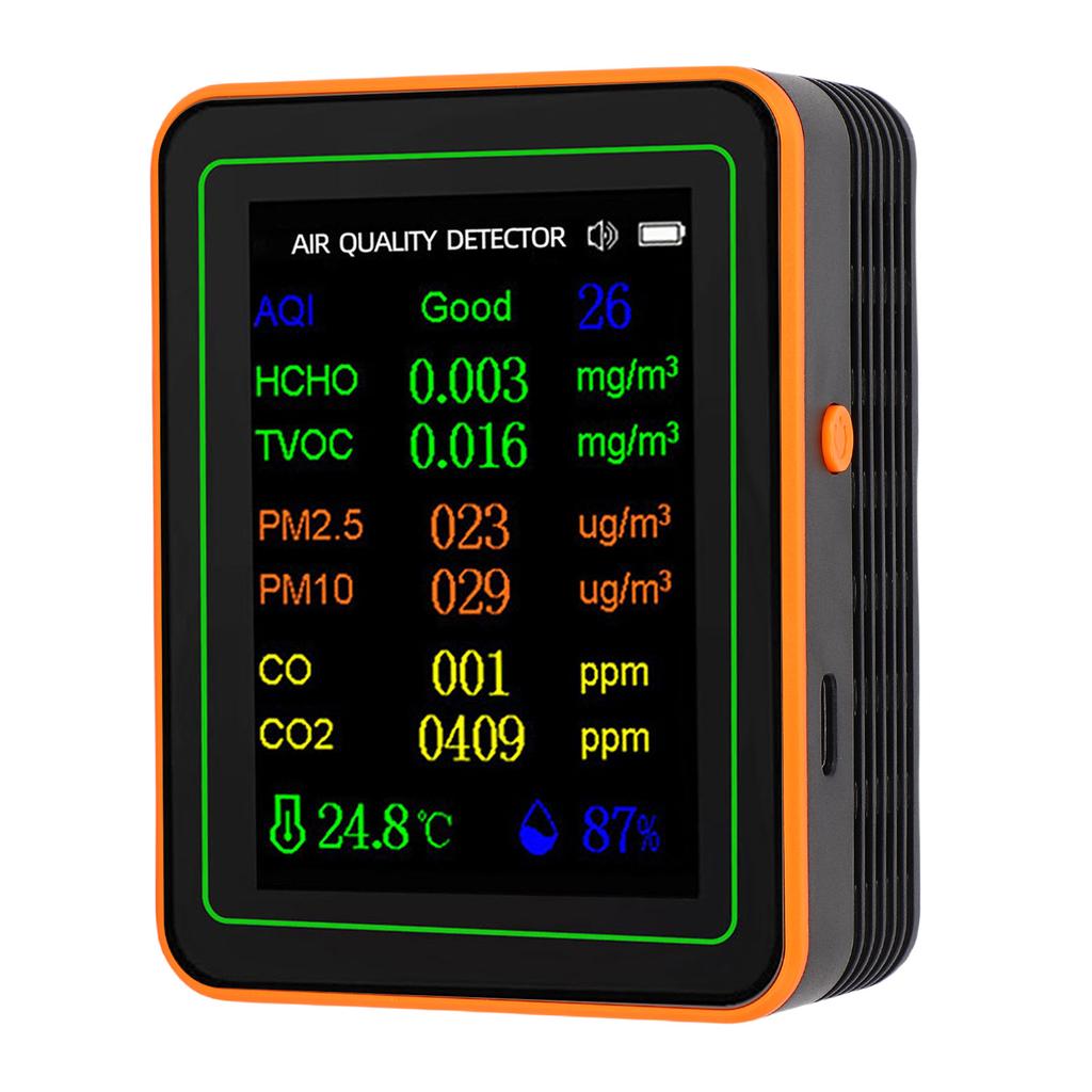 Air Quality Detector Index CO2 TVOC HCHO PM2.5 PM10 Temperature Humidity Tester TFT Color Display Curve Viewing Black