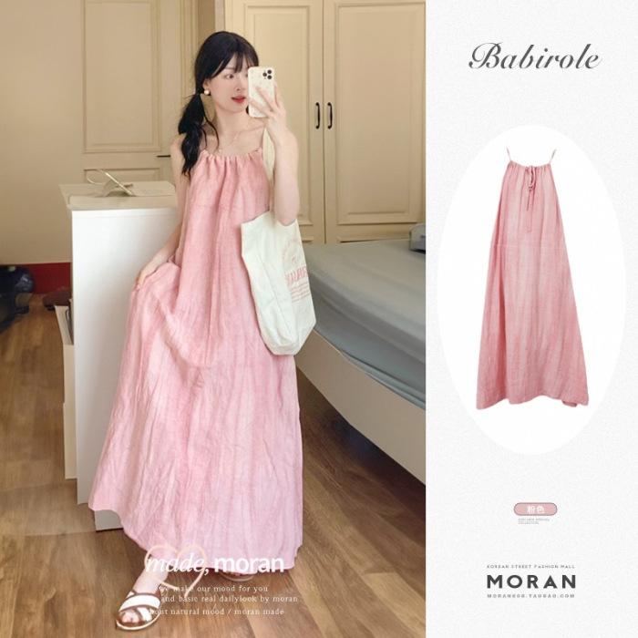 Pink suspender long dress women s summer new seaside vacation beach dress neck design niche skirt S розовый