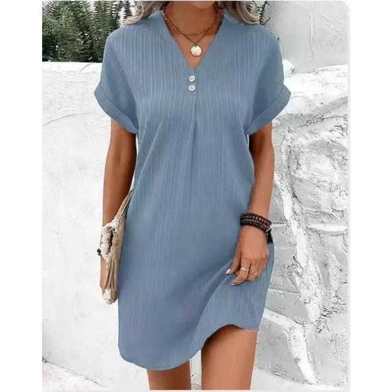 Women's V-neck Solid Color Pullover Casual Button Dress