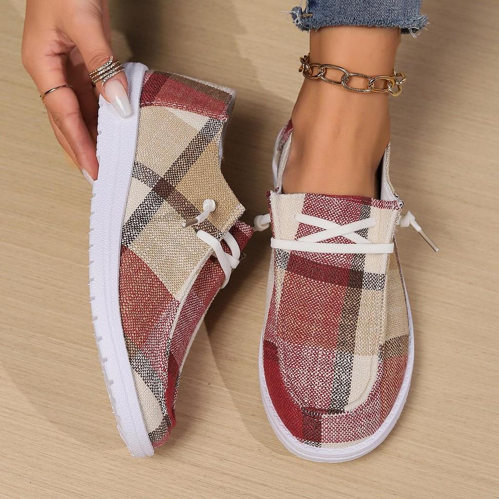 Women Plaid Canvas Shoes, Women Lace‑Up Casual Flats,Casual Single Shoes, Round Toe Large Size Daily Sneakers