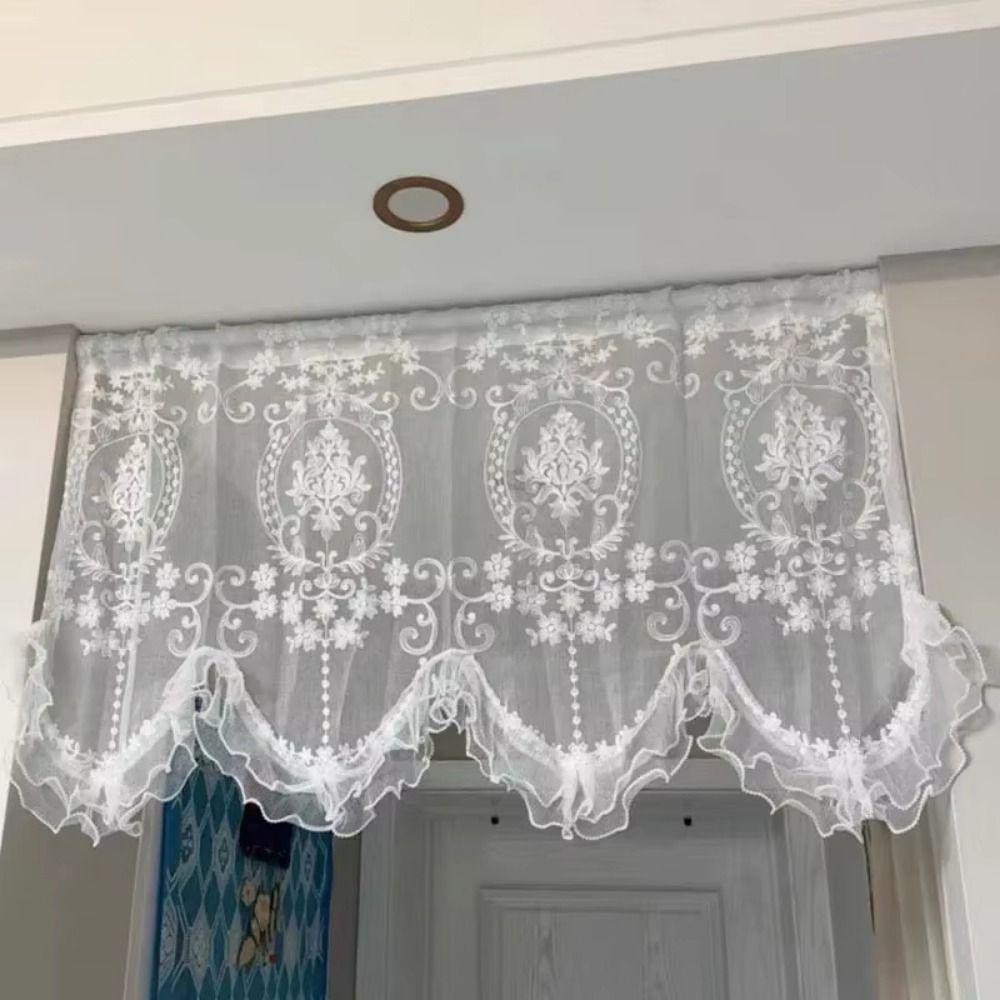 Wavy Edge Beaded Half Yarn Drapes Double Pearls Lace Bottom Floral Short Tulle Drapery  Door
