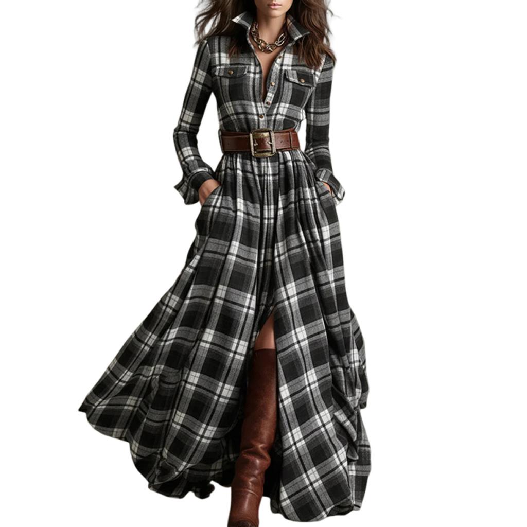 Women's Fashion French Vintage Check Waist-cinching Slimming Asymmetrical Design Collar Long-sleeved Dress