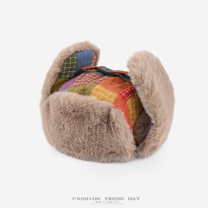 Unisex Retro Colorblock Plaid Fleece Lined Winter Warm Beanie Hat With Ear Protection