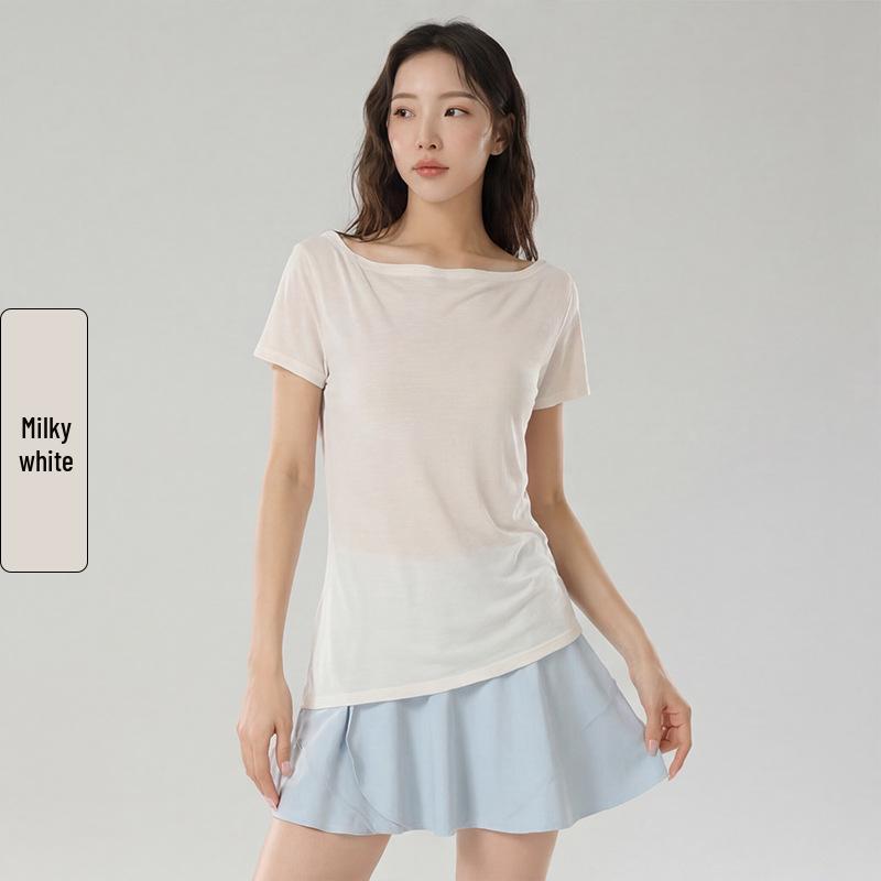 2026 Summer Lyocell Off-Shoulder Slimming Short-Sleeve Women's T-Shirt - Elegant & Versatile