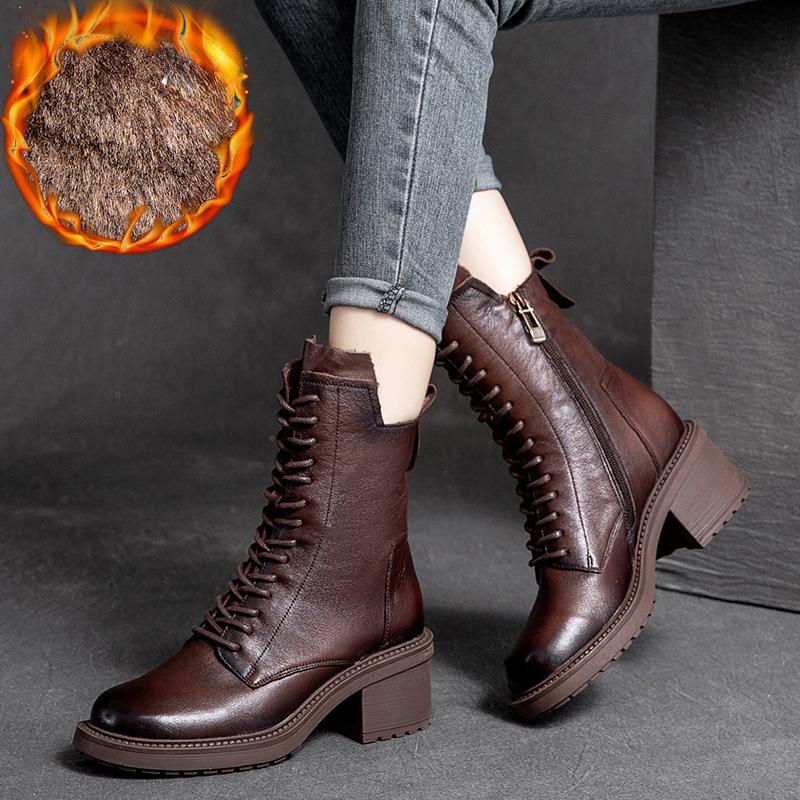 Johnature Stivali invernali Scarpe da donna in vera pelle Peluche Stivali con plateau da cucito per il tempo libero fatti a mano con punta tonda calda