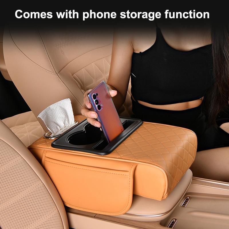 Portable Center Console Armrest Cushion Leather With Cup Holder Tissue Box Car Armrest Pillow Multifunctional Parts & Accessorie