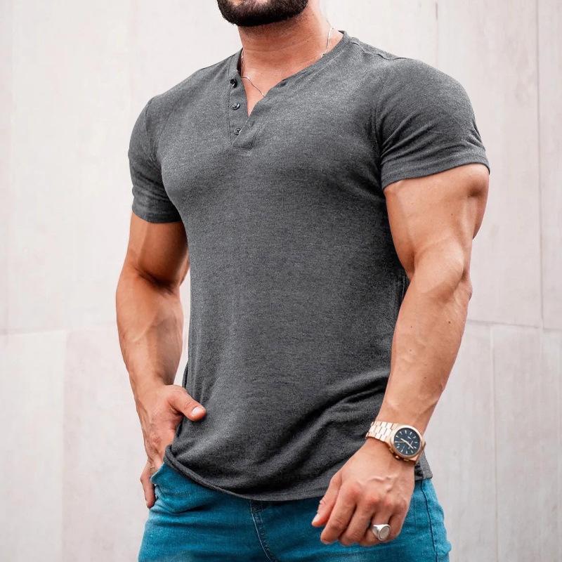 

Тенденция внешней торговли Мужская футболка с европейской застежкой на пуговицы, с круглым вырезом Хенли, с коротким рукавом, мужская приталенная однотонная футболка XXXL темно-серого