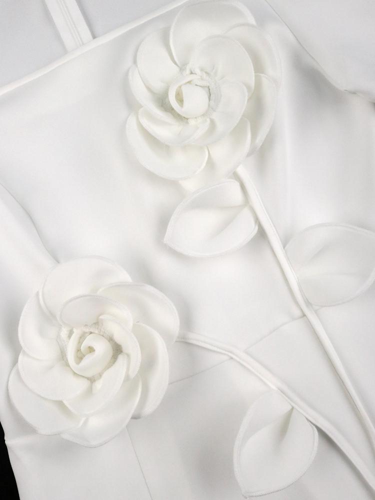 Evening Party Bodycon White Dresses for Ladies with Short Sleeve 3D Flower High Waist Birthday Bridesmaid Wedding Guest Midi Gowns