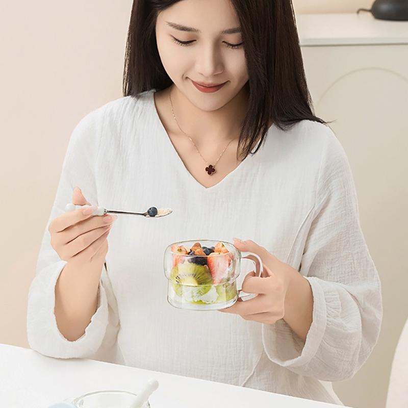 Breakfast Cup with Lid Spoon Milk Cup Handle Oat Cup Transparent Cup Glass Milk Yogurt Cup for Kitchen Bowl Portable Cereal Jar
