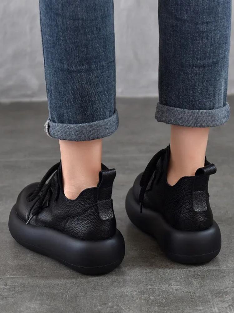 Johnature Retro Lace Up Platform Short Boots Genuine Leather Thick Soled Round Toe Women's Boots