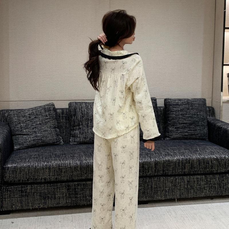 Cotton pajamas women's 1011 spring and autumn new bow cute sweet cotton loungewear can be worn outside