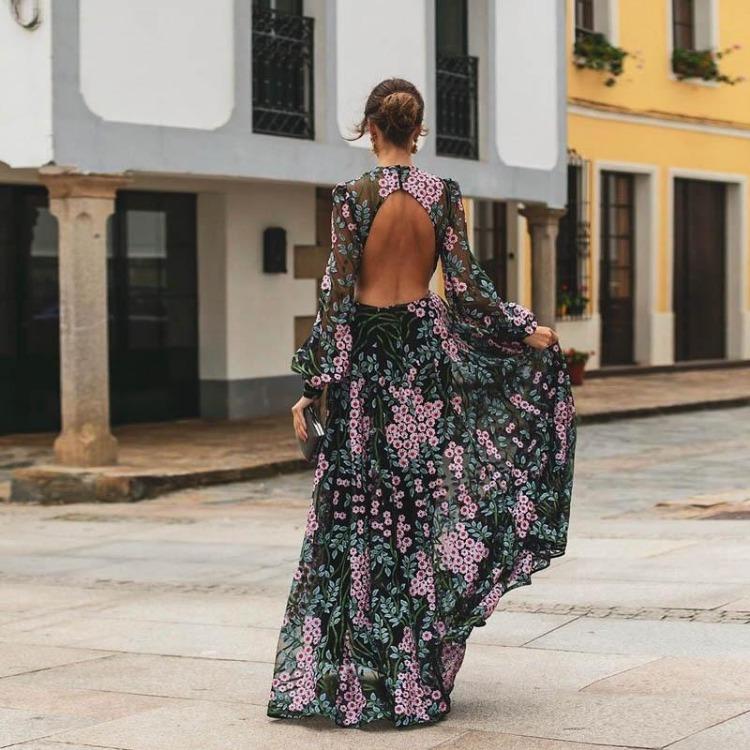 Elegant Floral Print Long Sleeves Backless Maxi Dress Women O Neck Wedding Party Gowns Bride Bridesmaids Host Long Dress