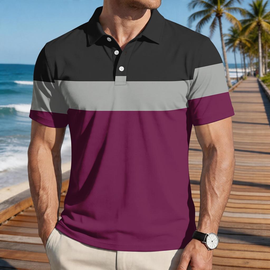 Men’s Loose Fit Striped Print Polo Shirt Short Sleeve Casual Turn Down Collar Lightweight Top for Everyday Wear