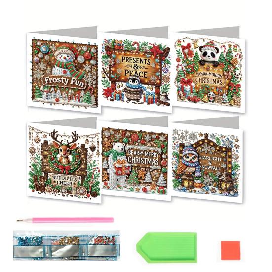 6 Pcs DIY Rhinestone Art Painting Cards Christmas Greeting Card Making Kit with Envelopes 5D Snowman Cat Deer Rhinestone