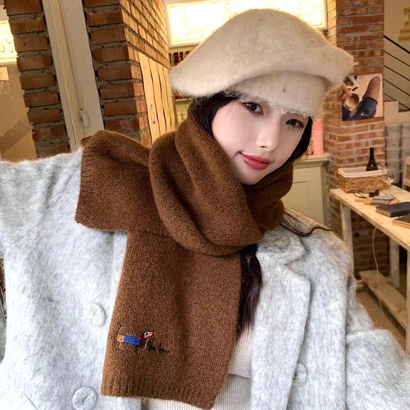 Korean Style Thickened Winter Puppy Embroidery Scarf - Warm, Versatile, Windproof Shawl for Women