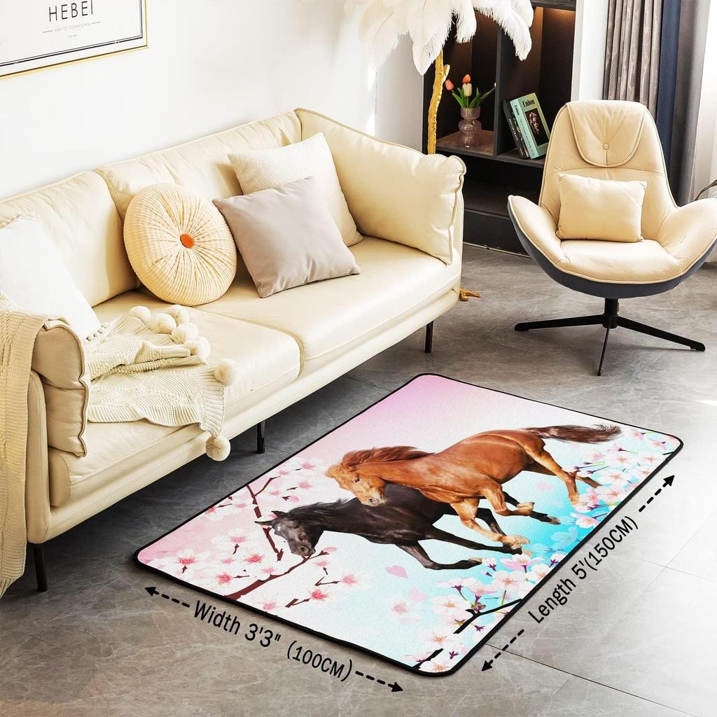 Galloping Horse Area Rug Soft Cherry Blossom Carpet for Bedroom & Living Room, Non-Slip Kids/Teens Decor Floor Mat
