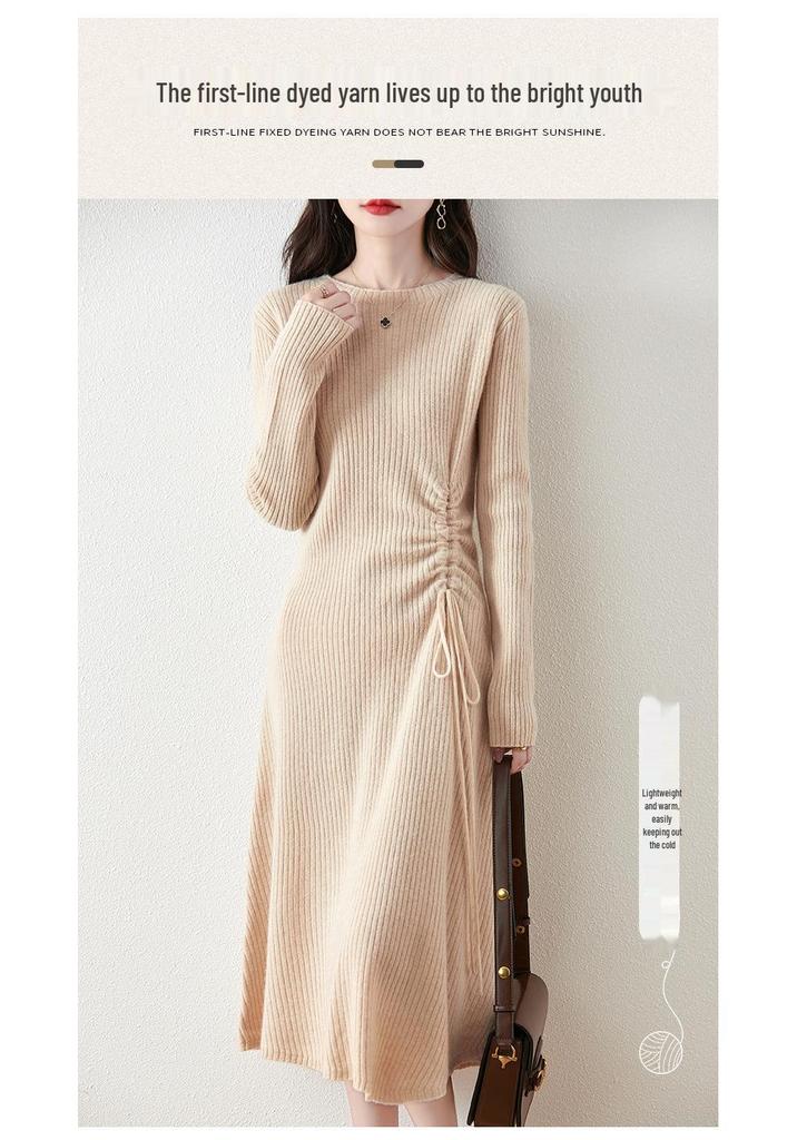 Women's Cashmere Knit A-Line Dress - Mid-Length, Round Neck, Over-the-Knee, 100% Pure, Casual and Versatile