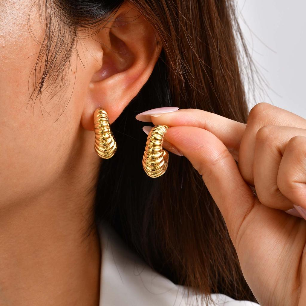 Chunky Geometric Earrings for Women,Stainless Steel Gold Color C Shape Hoop Earring,Hollow Waterproof Earrings Jewelry Gift