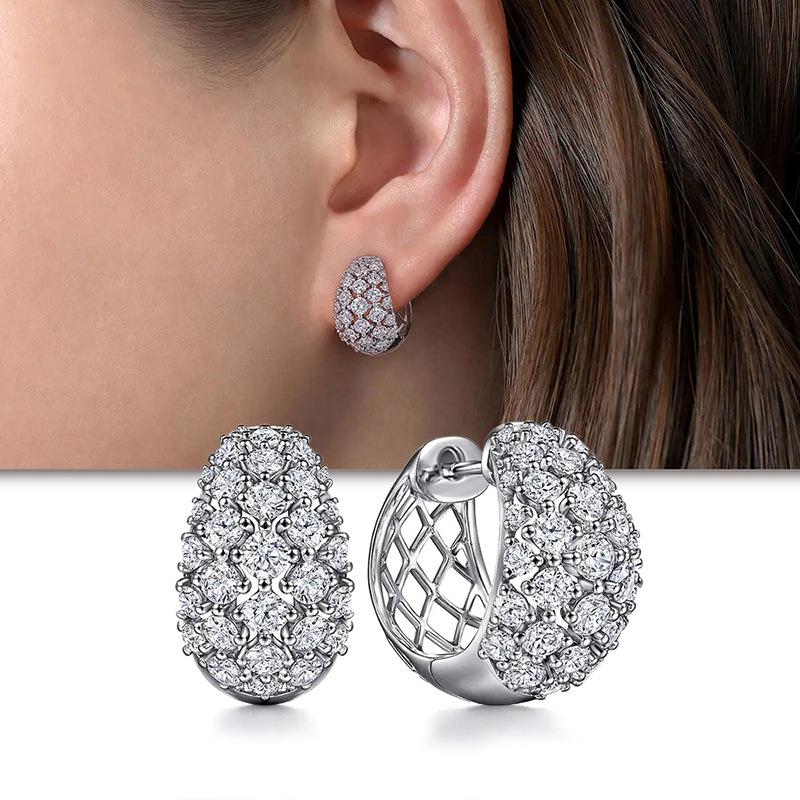 Silver Pave CZ Huggie Hoop Earrings, Full Crystal Oval Hoop Earrings for Women