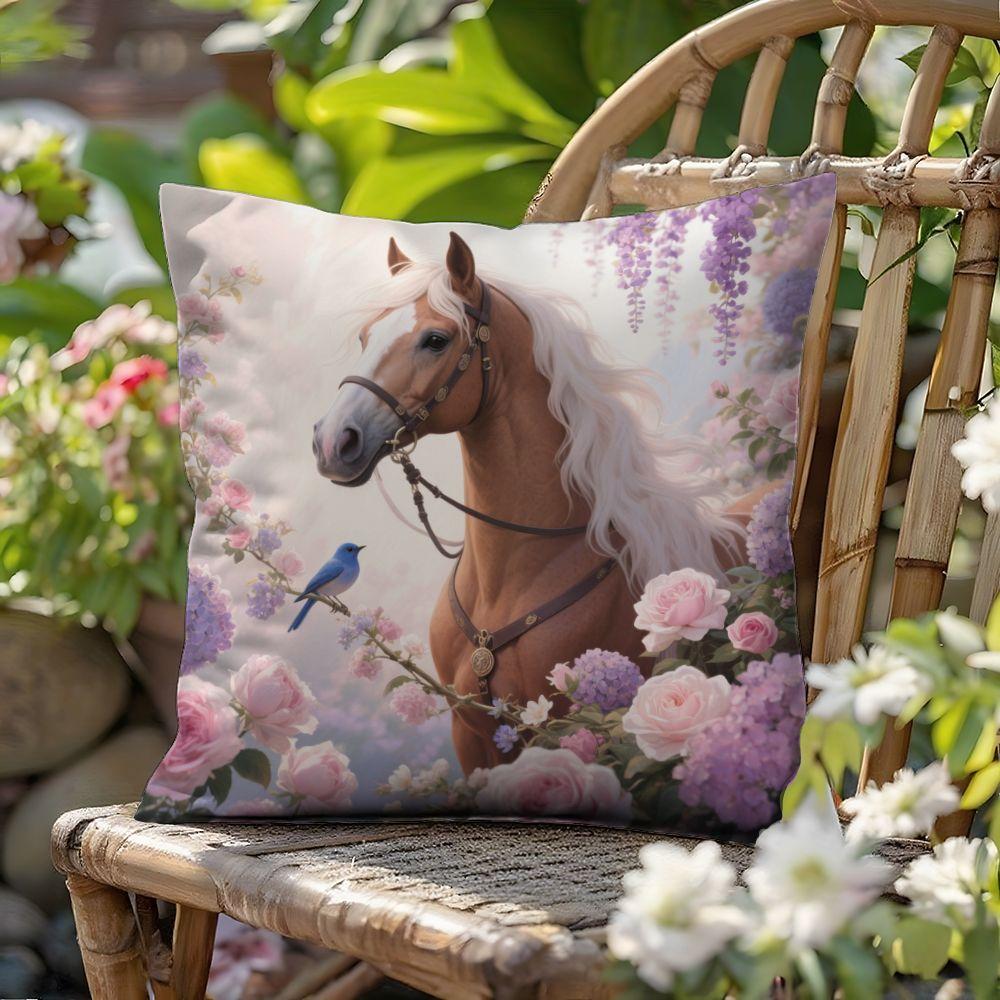 Decorative pillowcase for sofa in living room with horse and flowers
