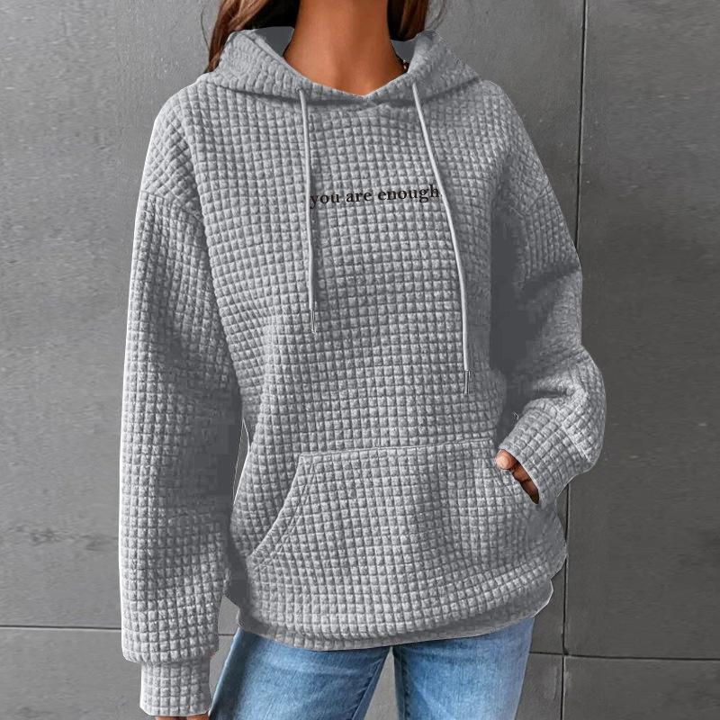 Women's Waffle Knit Hooded Sweatshirt with Letter Print - Loose Fit, Long Sleeves, Autumn/Winter Style  