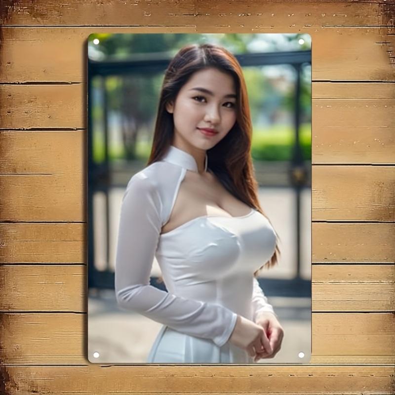 Vintage Metal Wall Art Sign Elegant Woman In White Attire Durable Iron Home Decor