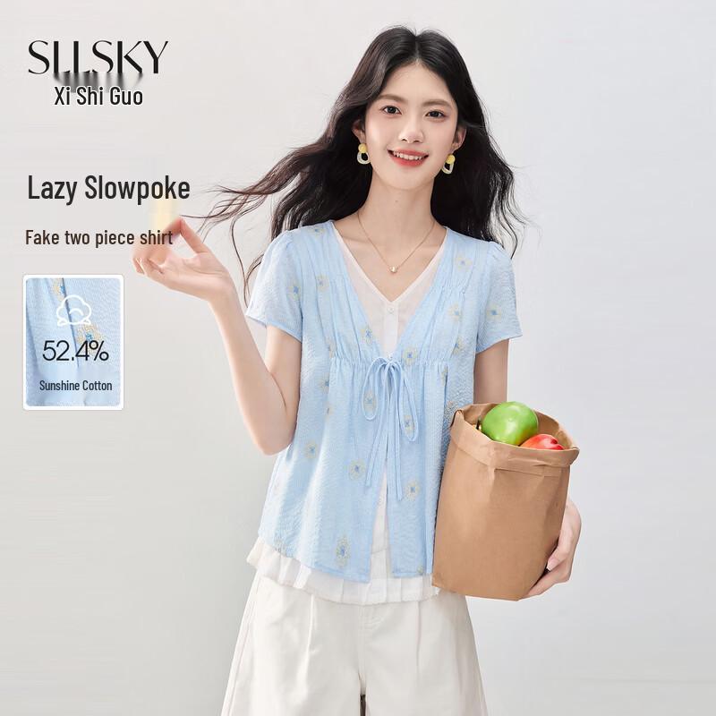 SLLSKY Women s Korean Style Faux Two-Piece V-Neck Embroidered Short Sleeve Blouse S