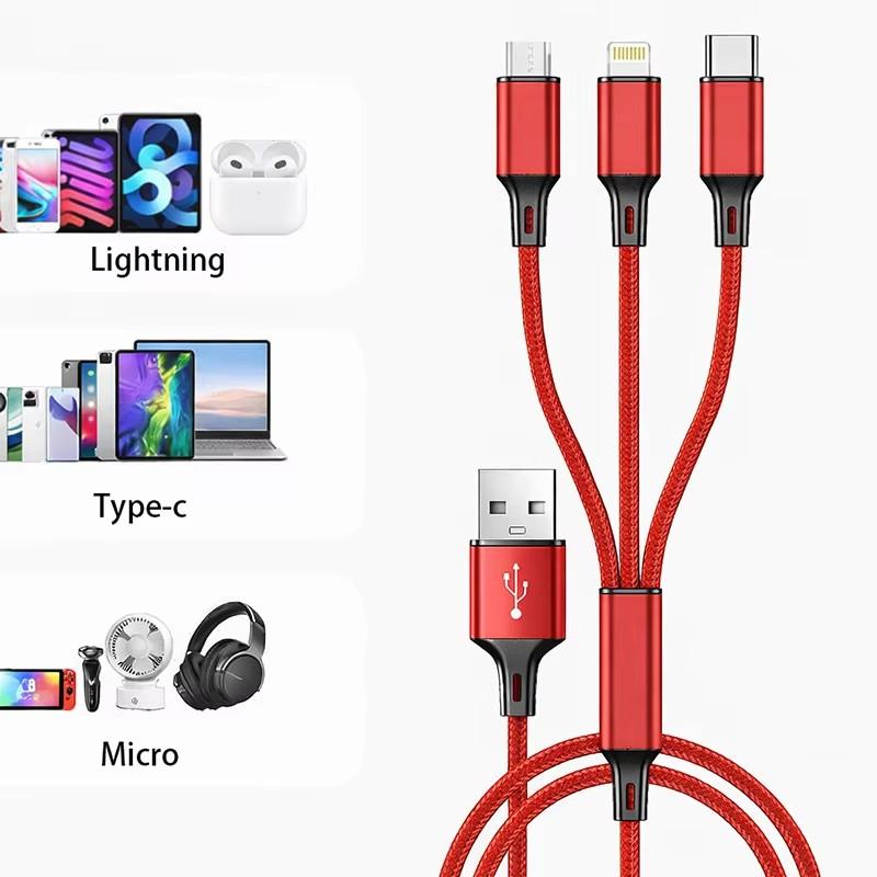 3 In 1 USB Fast Charging Cable 1.2M Type C Micro IOS Multi Charger Cable for iPhone Huawei Samsung Nylon Braided Cord Cable