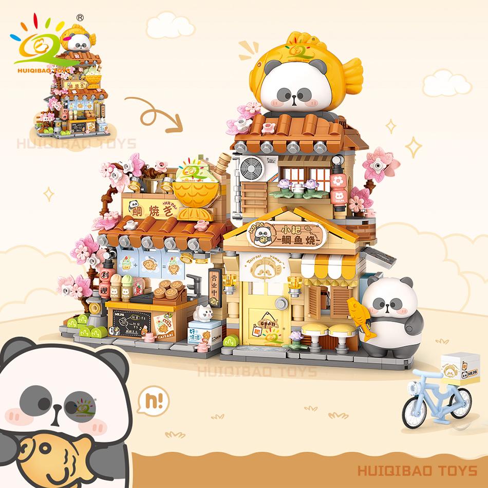 Non-Toxic City Mini Street View Panda Taiyaki Restaurant Model Building Blocks Diy Bear Coffee Shop Decorative Bricks Toys Adult