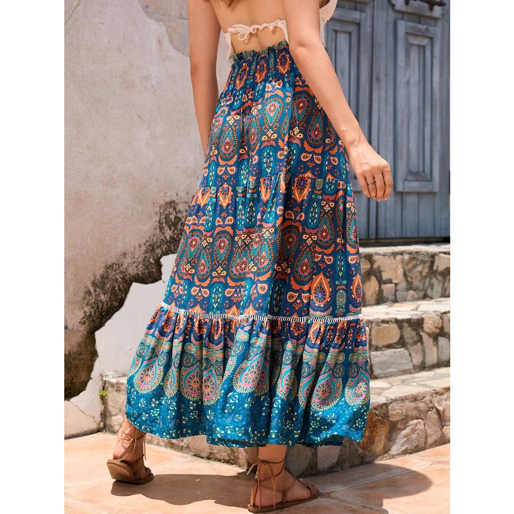 Damen Elastischer Bund Maxi-Rock Lockerer Sitz Boho Bedruckter Langer Rock Stufig RAYON 100% Strandurlaub Fließender Midi-Rock