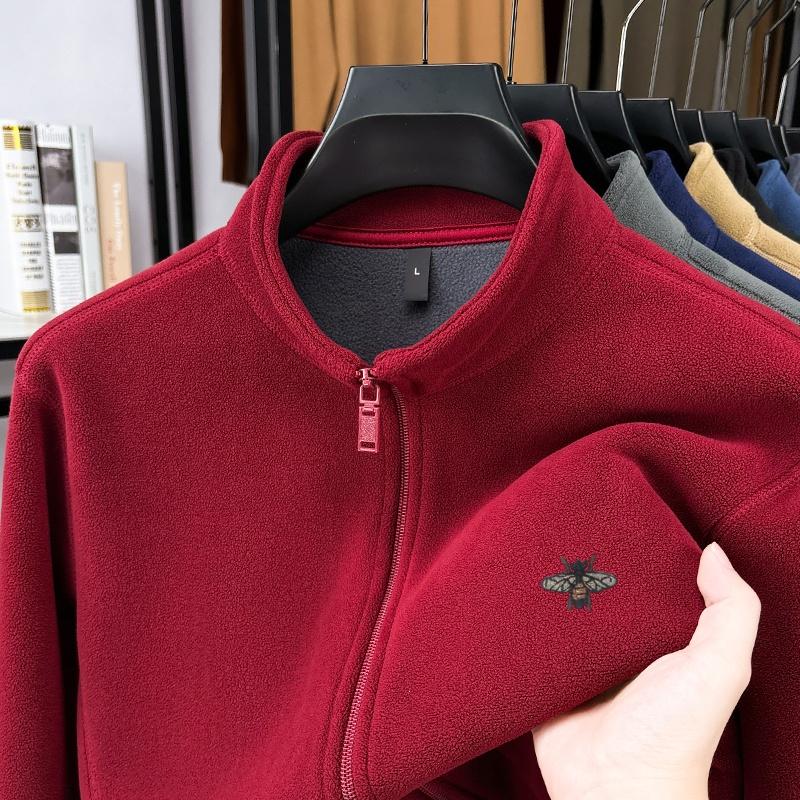 Men's Stand Up Collar Zipper Sweatshirt Winter Plush Thickened Bee Print Coat Fashion Casual Men'swear Top