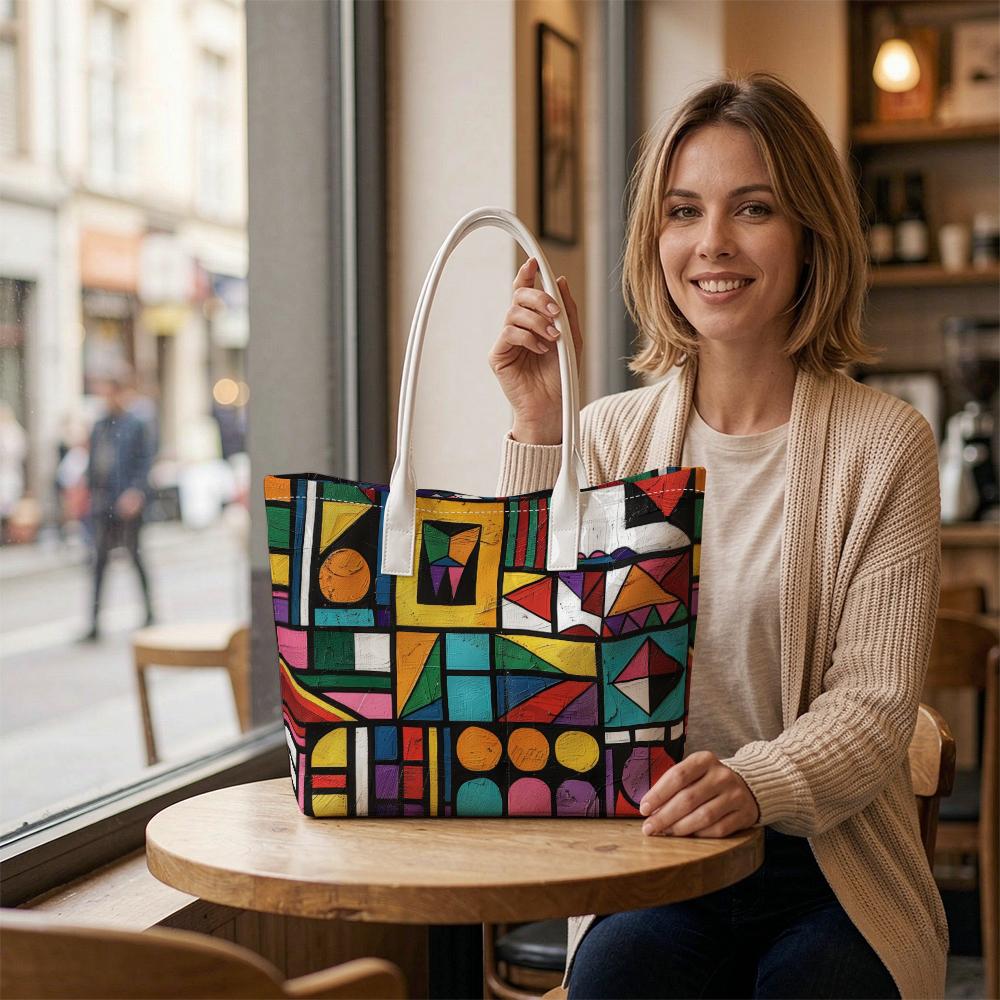 Colorful Geometric Art Tote Bag Casual Large Capacity Daily Top Handle Shoulder Handbag for Women Outdoor Shopping Travel