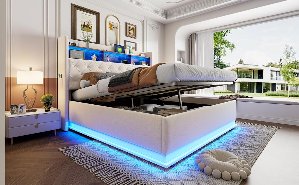 LED Gestoffeerd Bed 180 x 200 cm, Gestoffeerd Opbergbed met USB-oplaadpoort en Hydraulische Opbergruimte, Huidvriendelijke Linnen Stof, Beige